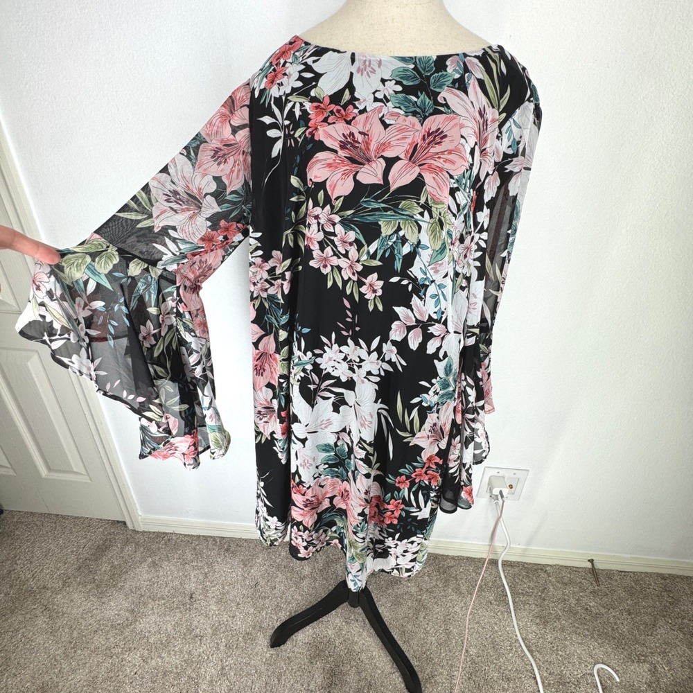 Vintage Floral Bell Sleeve Shift Dress Black Pink Women 16 Chiffon Whimsigoth